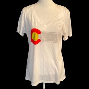 Steel City Colorado White V-Neck Women's Tee with Red and Yellow Graphic. Sz XL